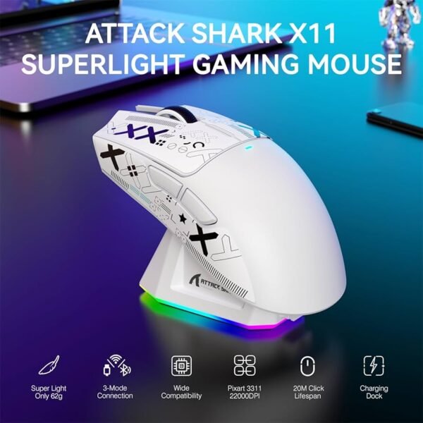 71K6Y+w2NqL._AC_UF894,1000_QL80_ SHARK X11 Wireless Gaming Mouse 3 Modes Connection PAW3311 1000Hz Polling Rate Ultra Lightweight Charging Dock