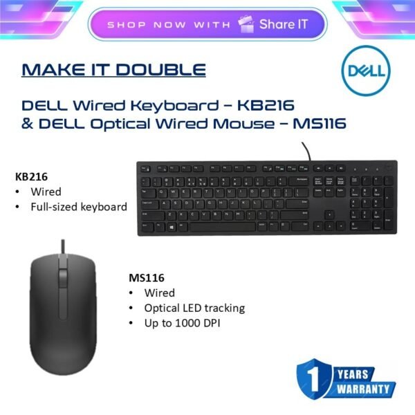 Dell KB216 MS116 Wired Keyboard Optical Wired Mouse