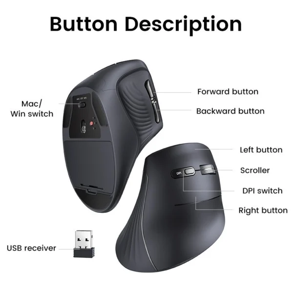 Ugreen Vertical Ergonomic 4000DPI Wireless Silent Click Mouse for Laptop PC Windows Mac OS